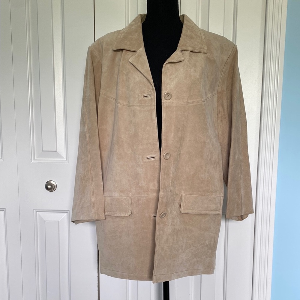 Beautiful Jessica Holbrook 1X Beige Leather Button Up Jacket Coat With Pockets